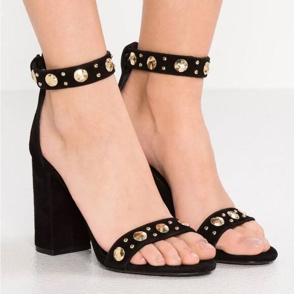 Maje Faria Red Suede Studded Chunky Heel Ankle Strap Sandals - Picture 14 of 14